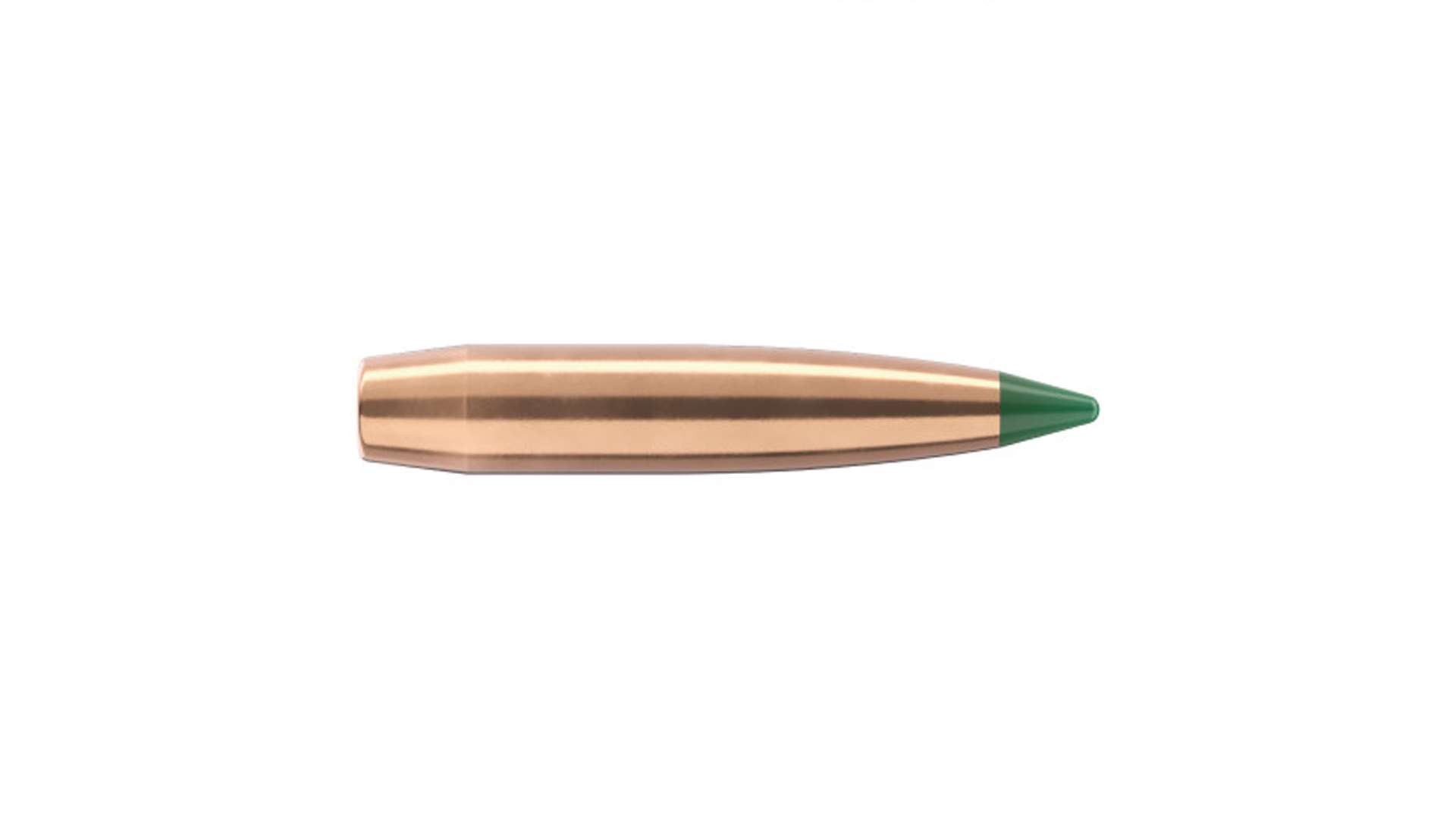 Sierra 25 caliber 135 grain Tipped MatchKing rifle bullet photographed upright against a white background, showing the green polymer tip and copper jacket with boat-tail base