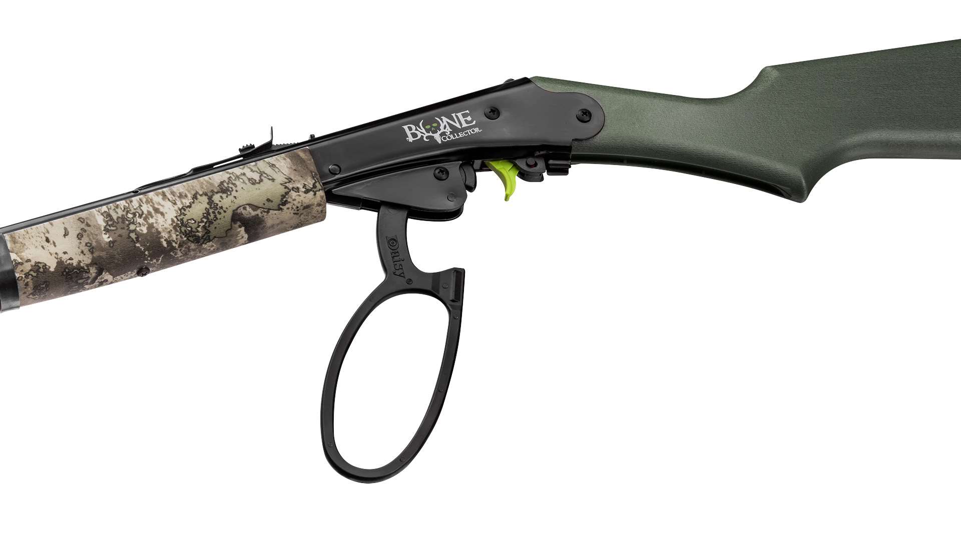 Left-side close-up of the Daisy Bone Collector 1999 Lever Action showing the open loop lever, green synthetic stock and camouflage fore-arm