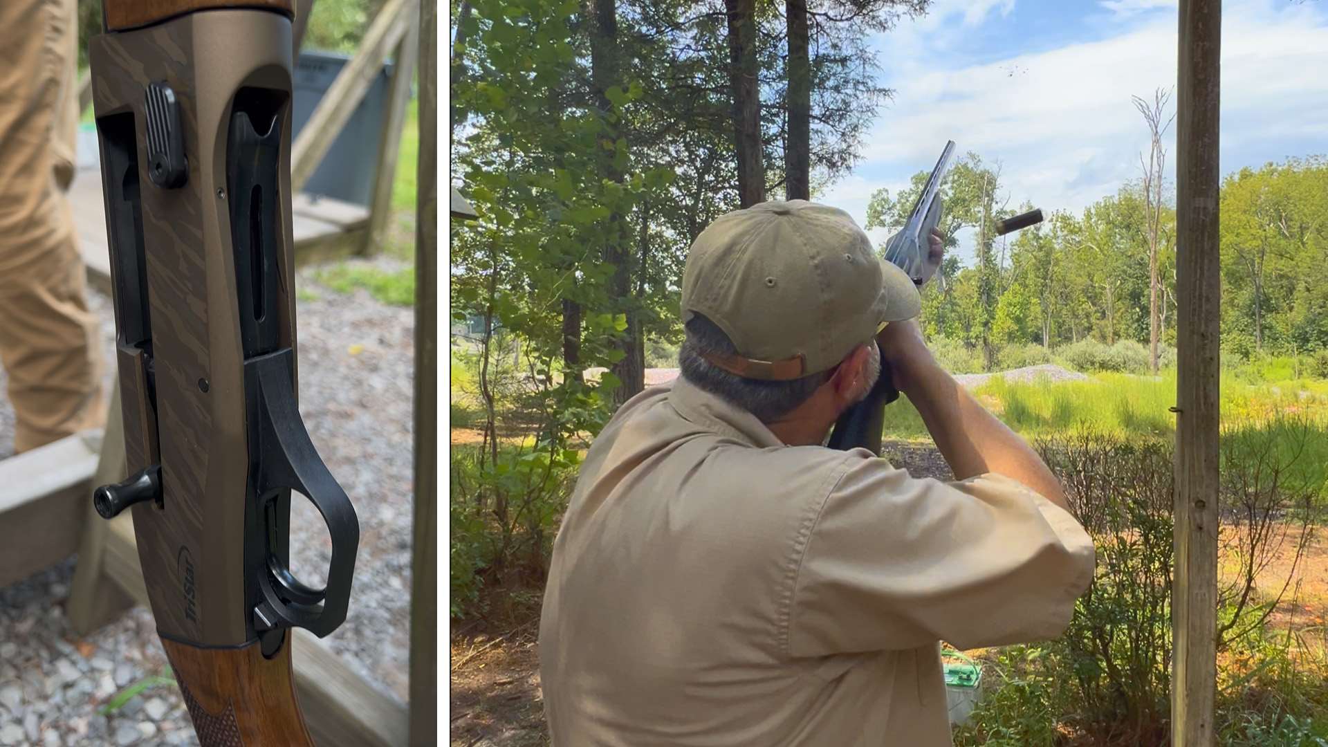 : Left, a bronze Viper G3 receiver with laser-etched pattern; right, a shooter fires a bronze-receiver Viper G3 as an empty hull ejects