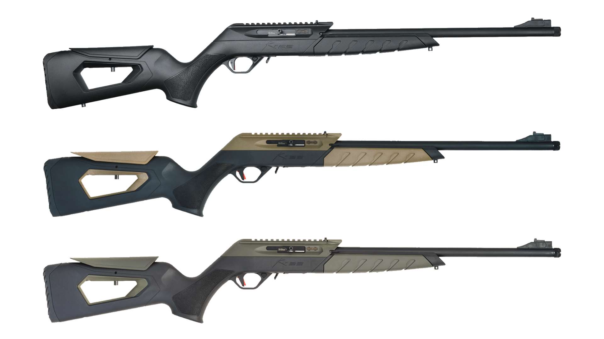 Different variants of the TriStar KR22 rimfire rifle