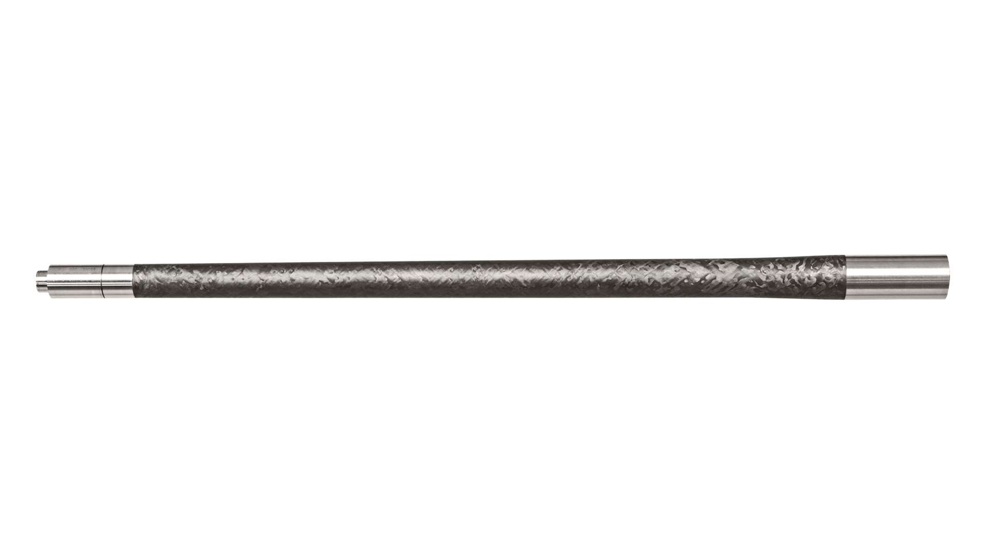 Carbon-fiber-wrapped rifle barrel blank with polished stainless steel ends, photographed on a white background