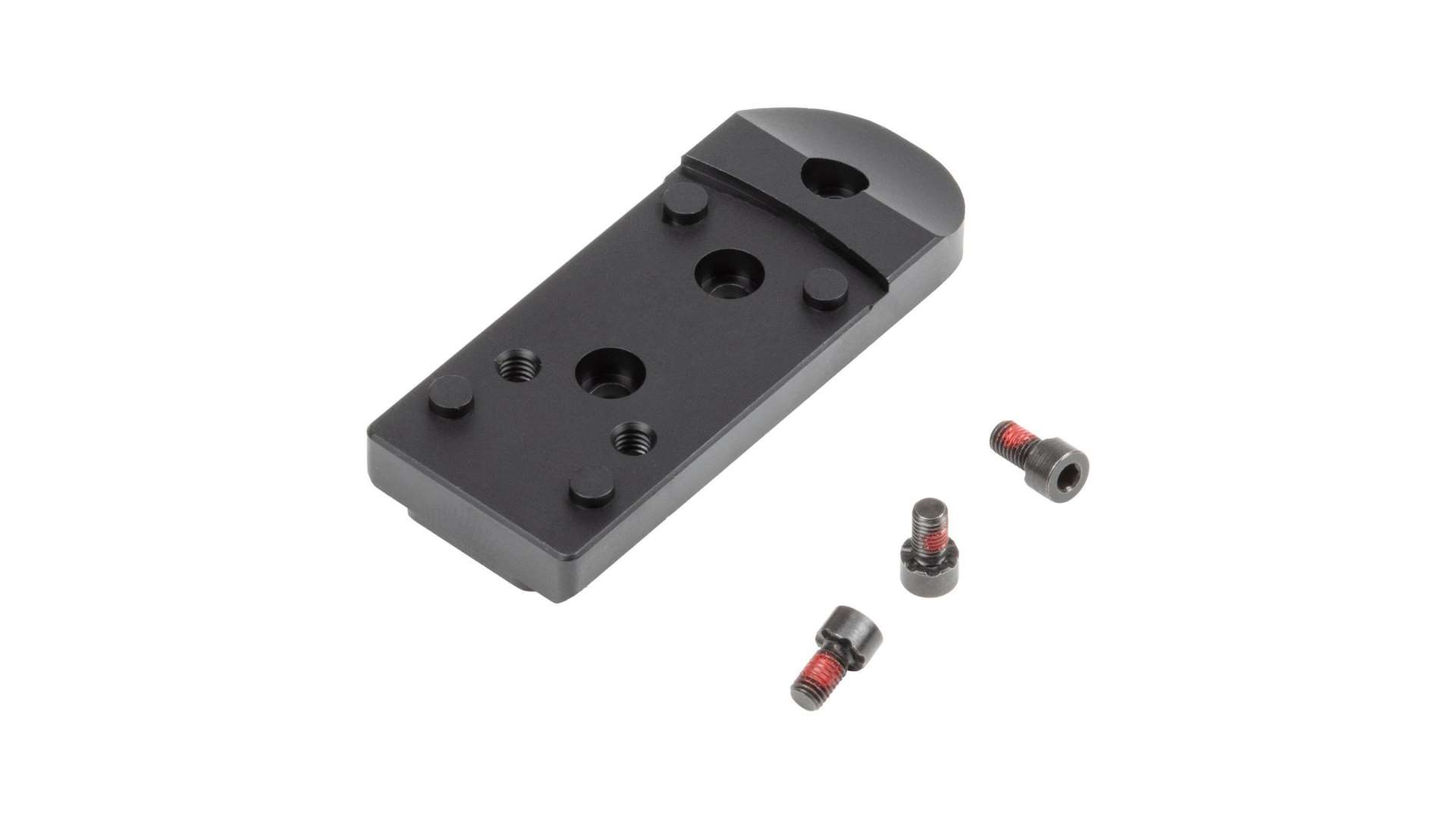 Smith &amp; Wesson revolver red-dot direct mount base in black finish photographed against a white background alongside three mounting screws with red thread-locker on the threads