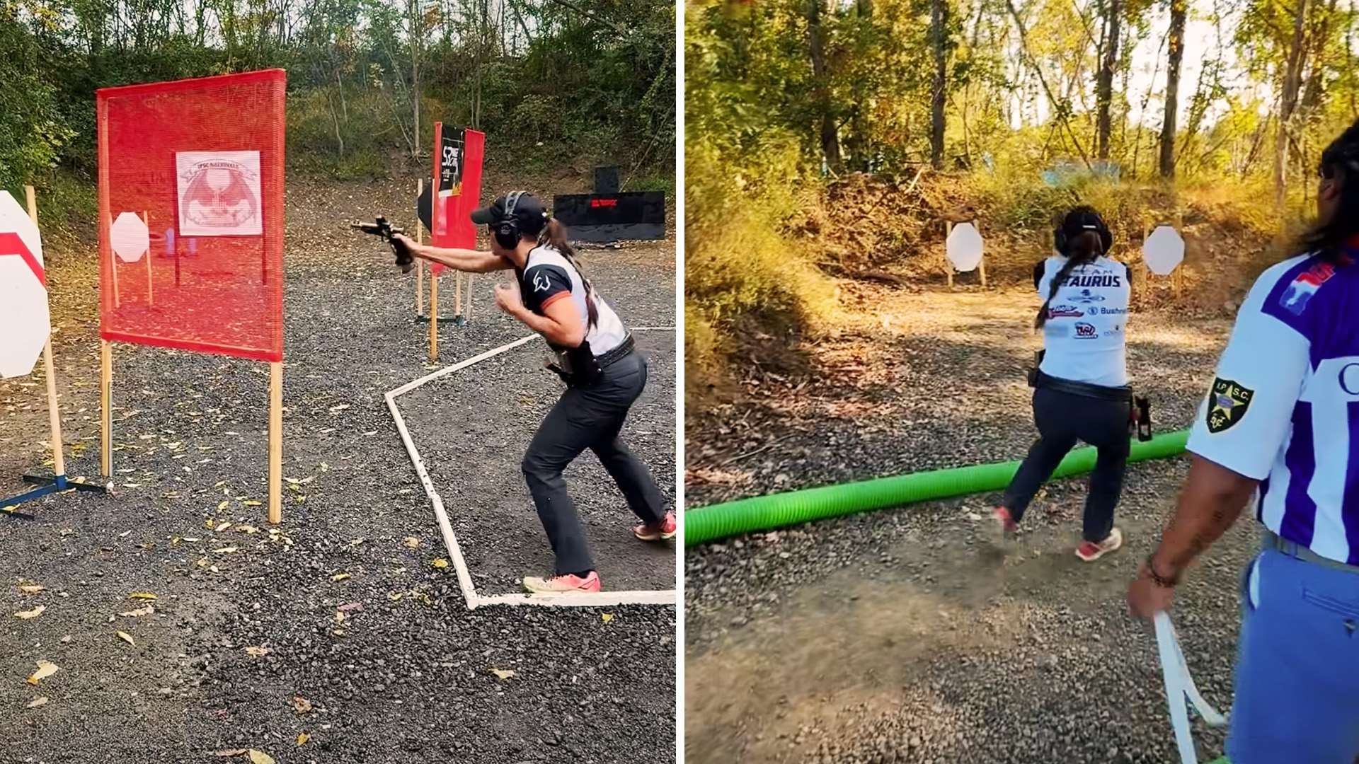 Two-panel image of Jessie Harrison competing at the 2026 U.S. IPSC Nationals. At left she fires a pistol beside a red mesh barrier and an IPSC Nationals banner. At right a range officer follows her as she moves toward white targets
