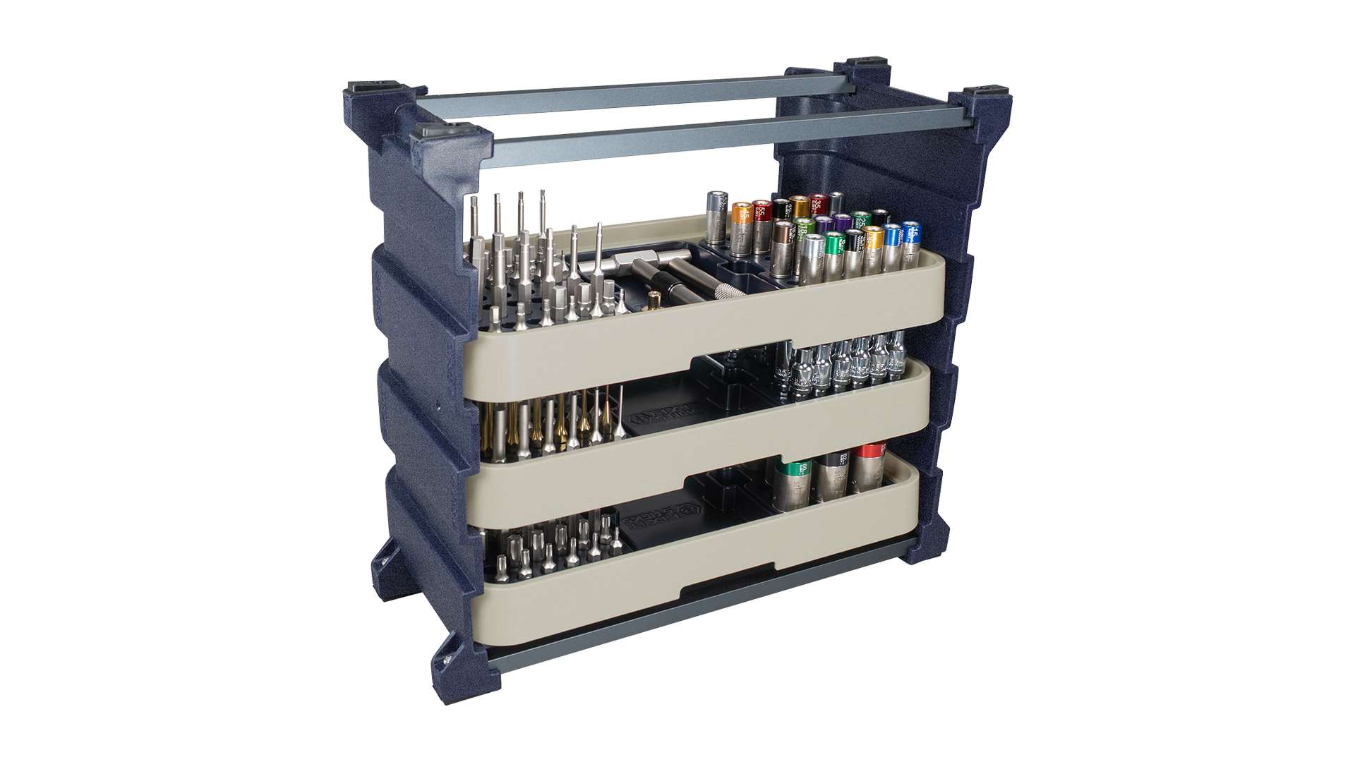 Fix It Sticks Benchtop Tool Tray System photographed against a white background, fully loaded with rows of bits, sockets and color-coded torque limiters across three tiered trays in a dark blue rack