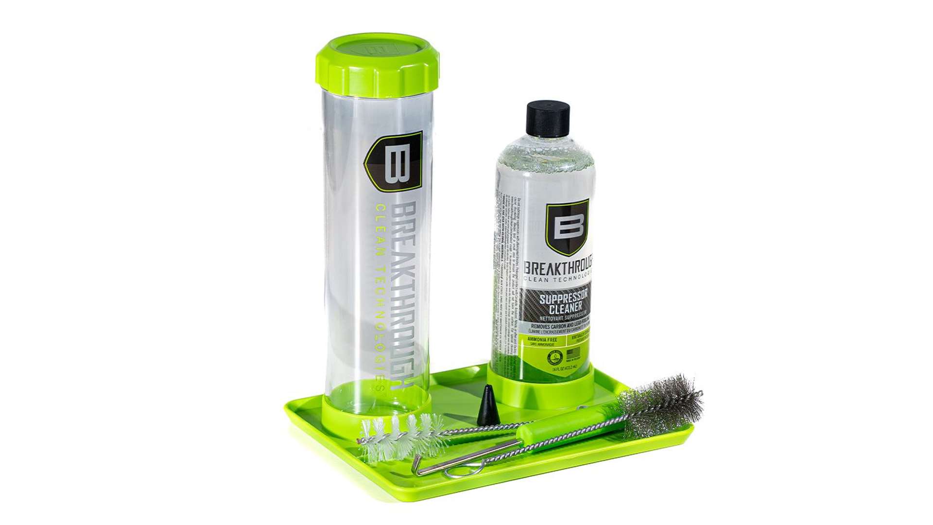 Breakthrough Clean Technologies Suppressor Cleaning Kit with a clear soak tube and lime-green cap, a 16-ounce bottle of suppressor cleaner, two brushes and a retrieval hook on a lime-green tray
