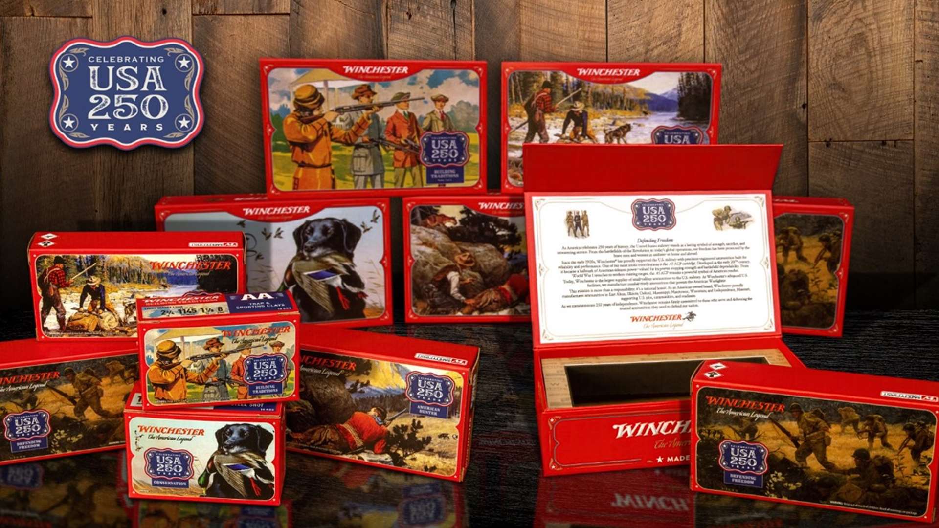 Five Winchester USA 250th Anniversary Commemorative Ammunition boxes displayed together with patriotic archive-style artwork