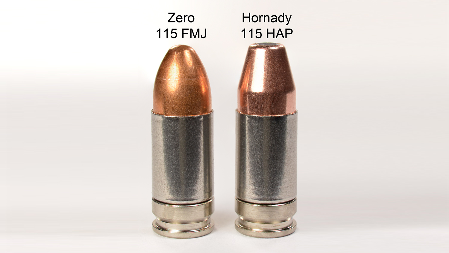 Two 9 Major loads: one with a Zero FMJ bullet and the other with a Hornady HAP bullet.