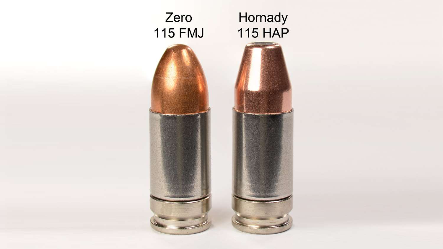 Two 9 Major loads: one with a Zero FMJ bullet and the other with a Hornady HAP bullet.