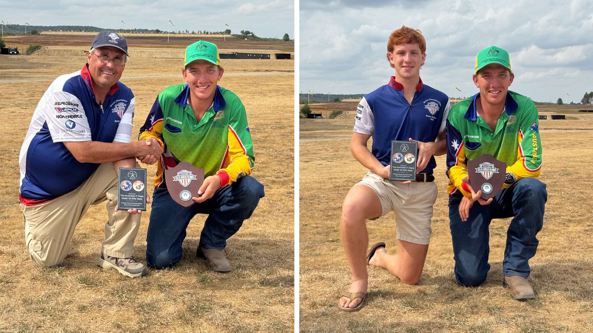 Two side-by-side photographs of American and Australian Under-25 F-Class team members kneeling together on the range at Bisley, each holding a commemorative plaque, with the Australian in a green and gold team shirt in both frames