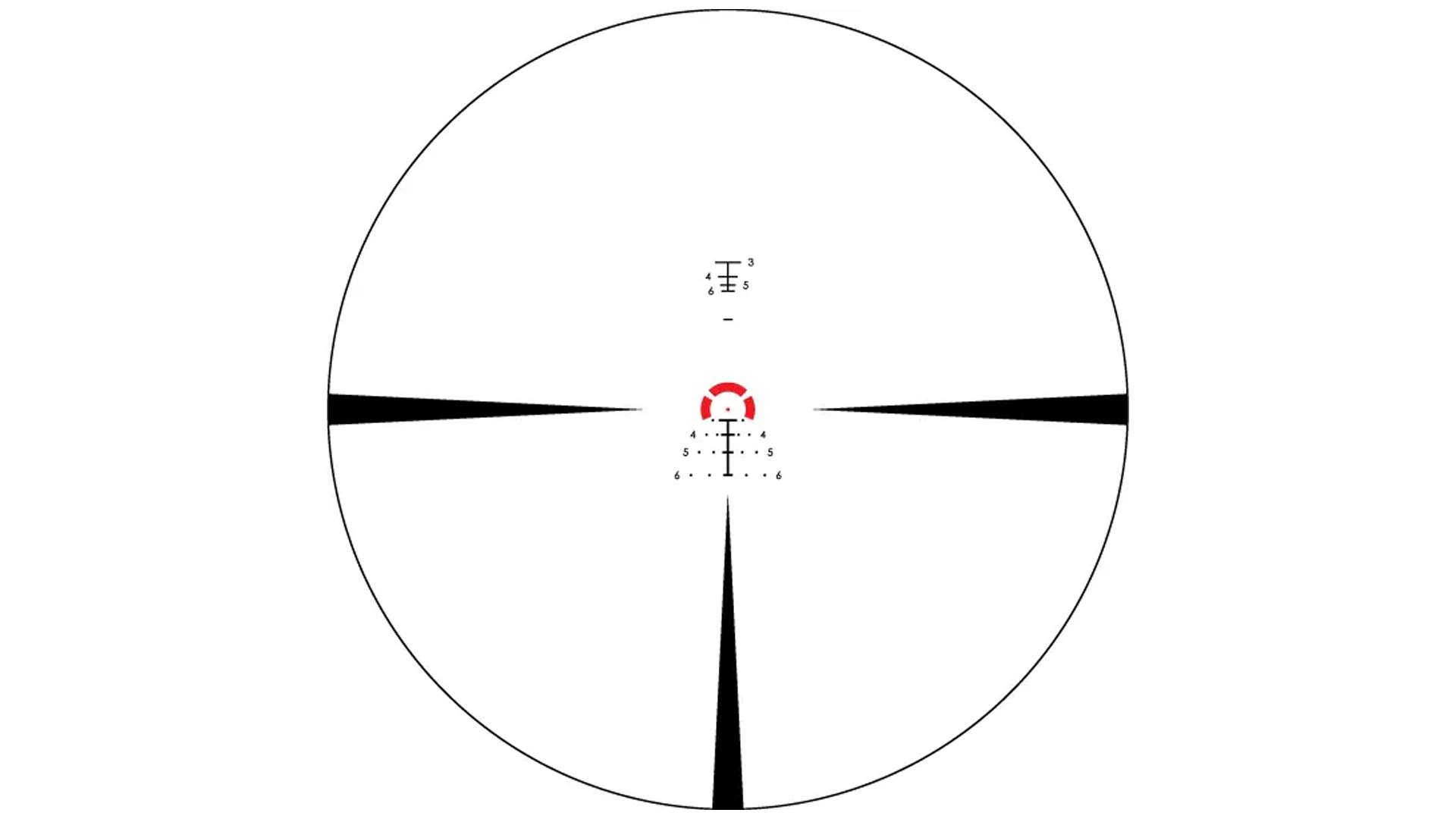 Vortex EBR-8 BDC MOA first focal plane reticle showing the illuminated red center horseshoe and dot, surrounded by a tree-style array of windage dots and BDC elevation hashmarks marked 4, 5 and 6, with a ranging ladder at the top of the field