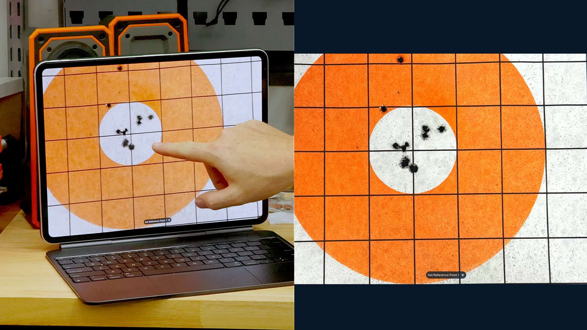 Split image of a tablet displaying a gridded orange target with a group of bullet holes, next to a close-up of the same target and a "Set Reference Point 1" prompt