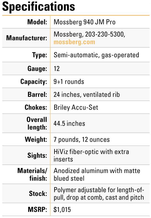 Mossberg 940 JM Pro specification chart