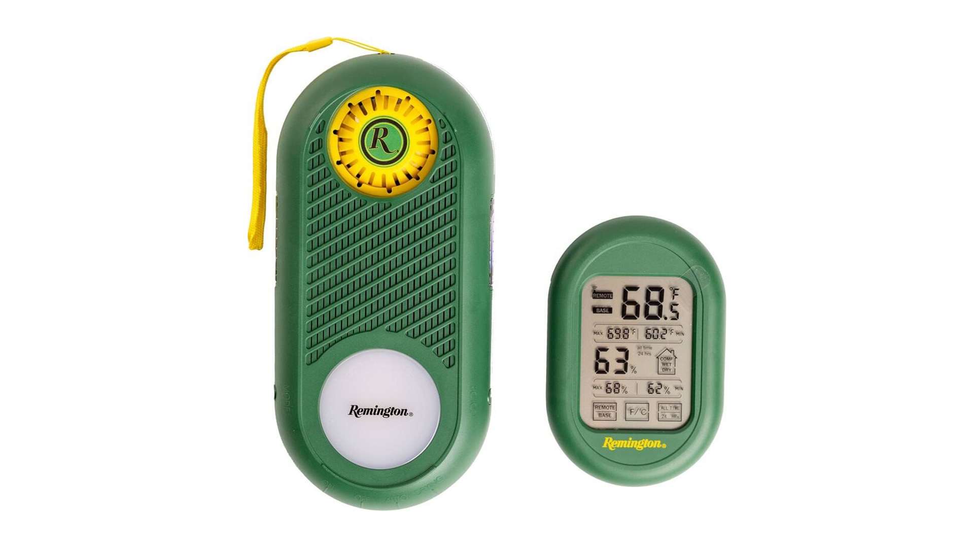 Green Remington dehumidifier with a yellow wrist strap, yellow dial and white light lens beside a green wireless hygrometer display reading 68.5 degrees F and 63% humidity