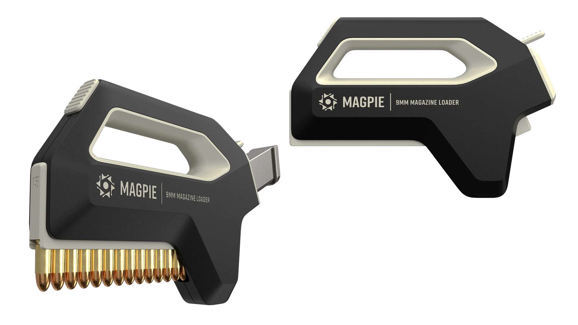 two views of the Kinetic Blossom Magpie handheld automatic electronic magazine loader