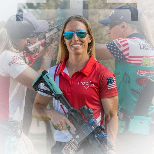 Composite portrait of Lanny Barnes in a red Fiocchi team shirt holding a competition rifle