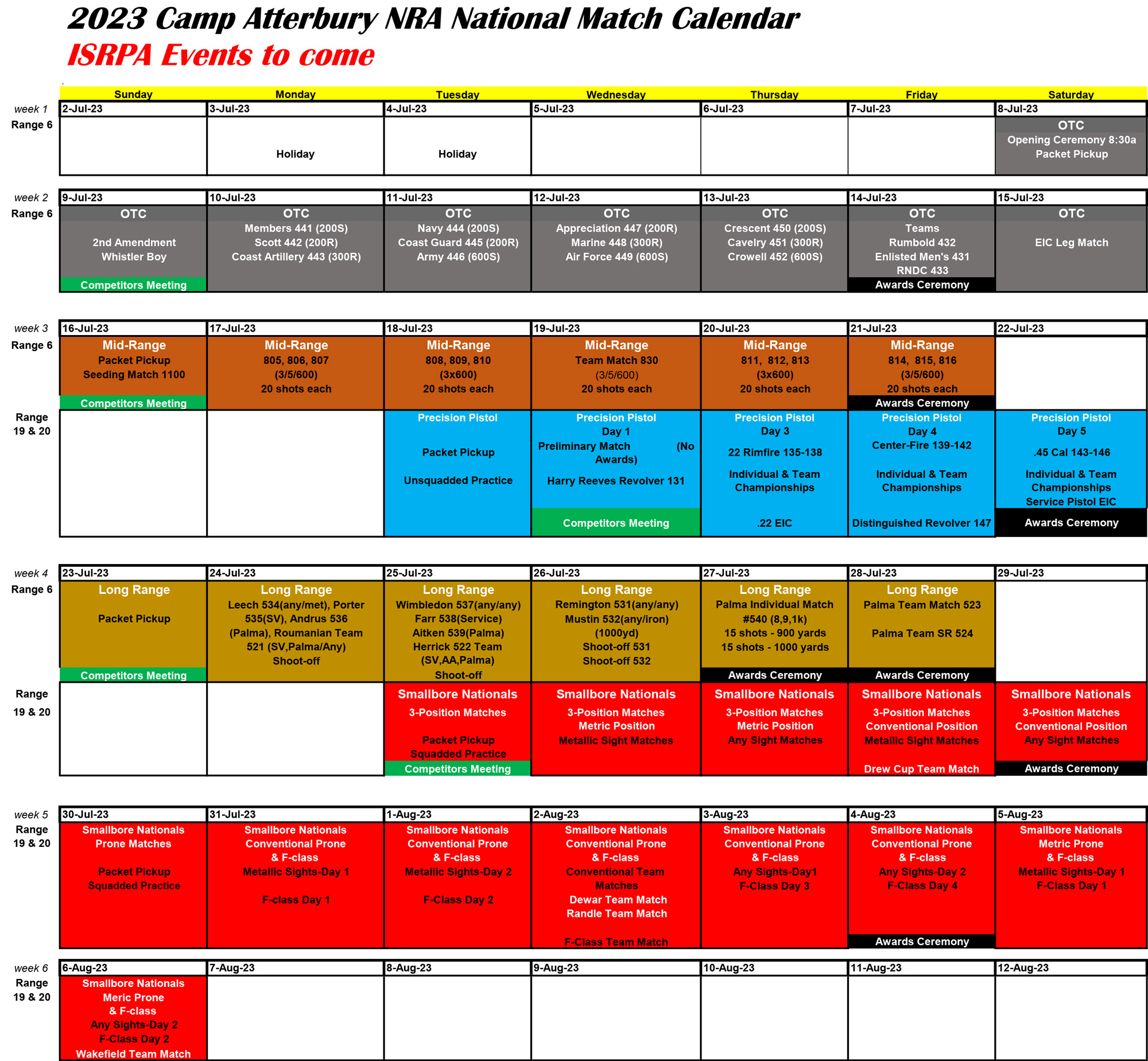 2023 NRA National Matches calendar