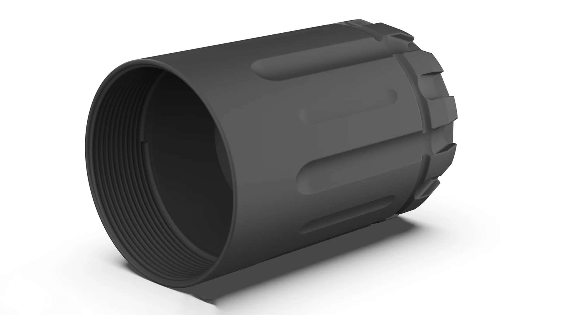 Close-up of the Breek Arms Trash Shield highlighting the machined grip cuts and Type III anodized finish on the 7075-T6 aluminum body