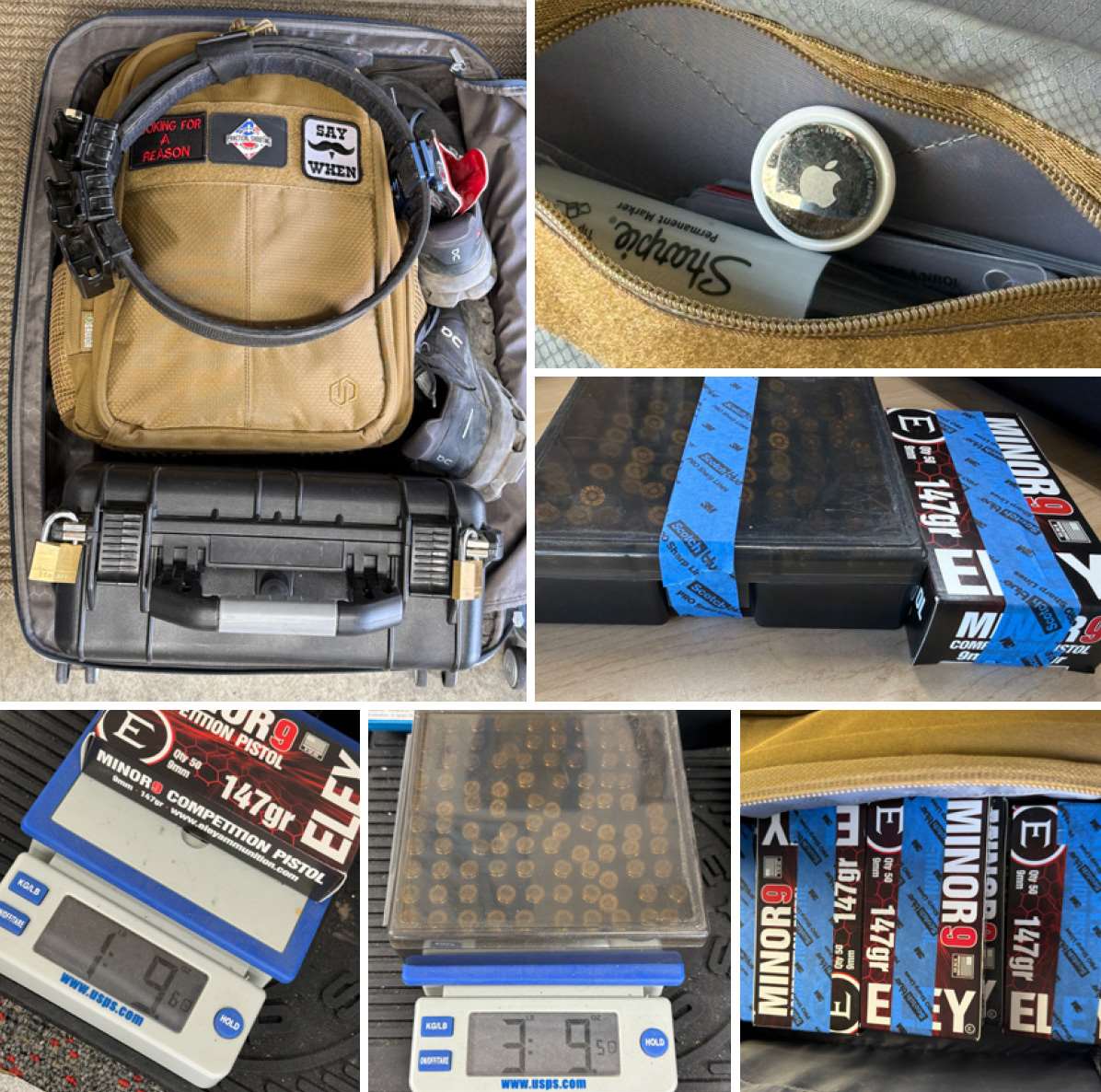 A collage of travel-prep photos: a range bag with an Apple AirTag visible inside a pocket; stacked Eley Minor 9 ammunition boxes; a plastic case holding loose rounds in organized rows and a digital scale displaying 7.9 pounds beneath a box of ammunition