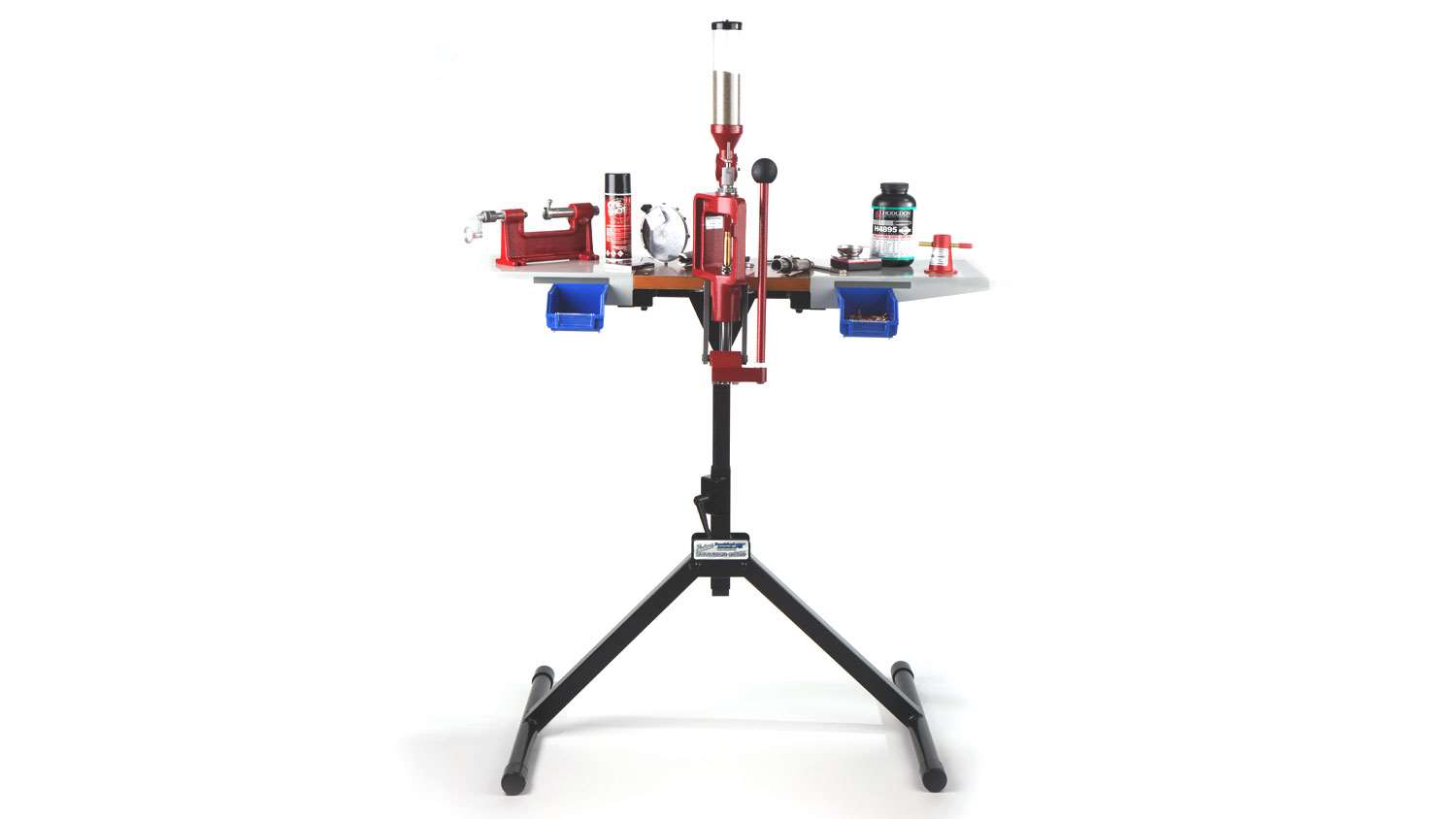 The Frankford Arsenal Platinum Reloading stand is the base of this downsized reloading setup.
