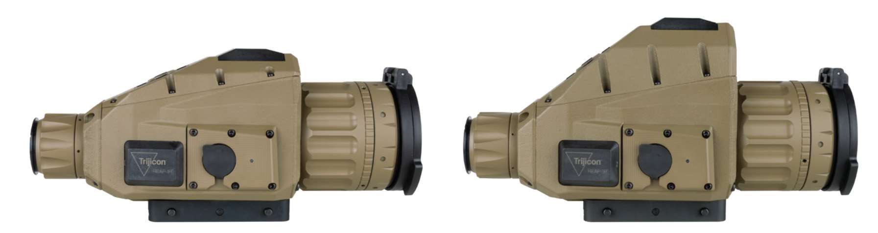Side-by-side profile views of two tan Trijicon thermal riflescopes, the shorter REAP-IR-50 at left and the taller REAP-IR-50LRF at right
