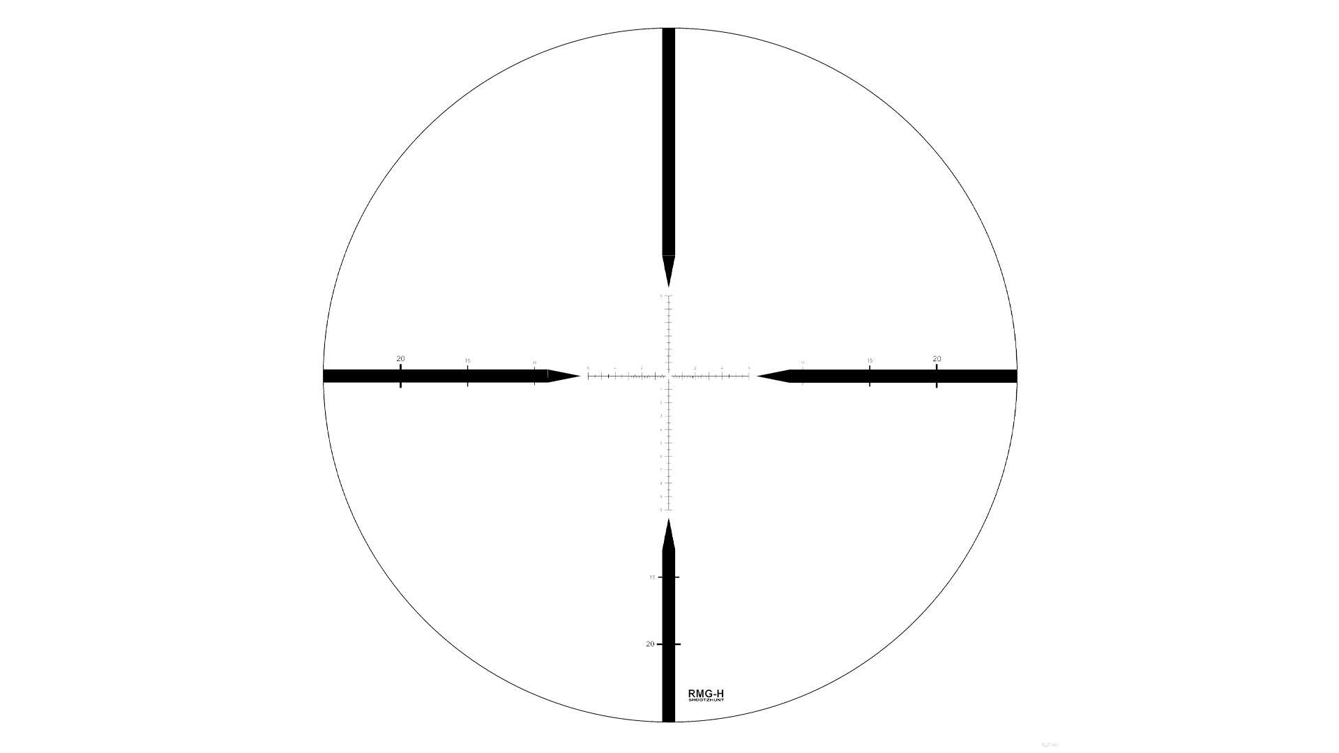 Black-and-white diagram of the ZeroTech RMG-H MRAD reticle. Thin hash marks form the center crosshair, and thick tapered posts come in from the edges of the field of view